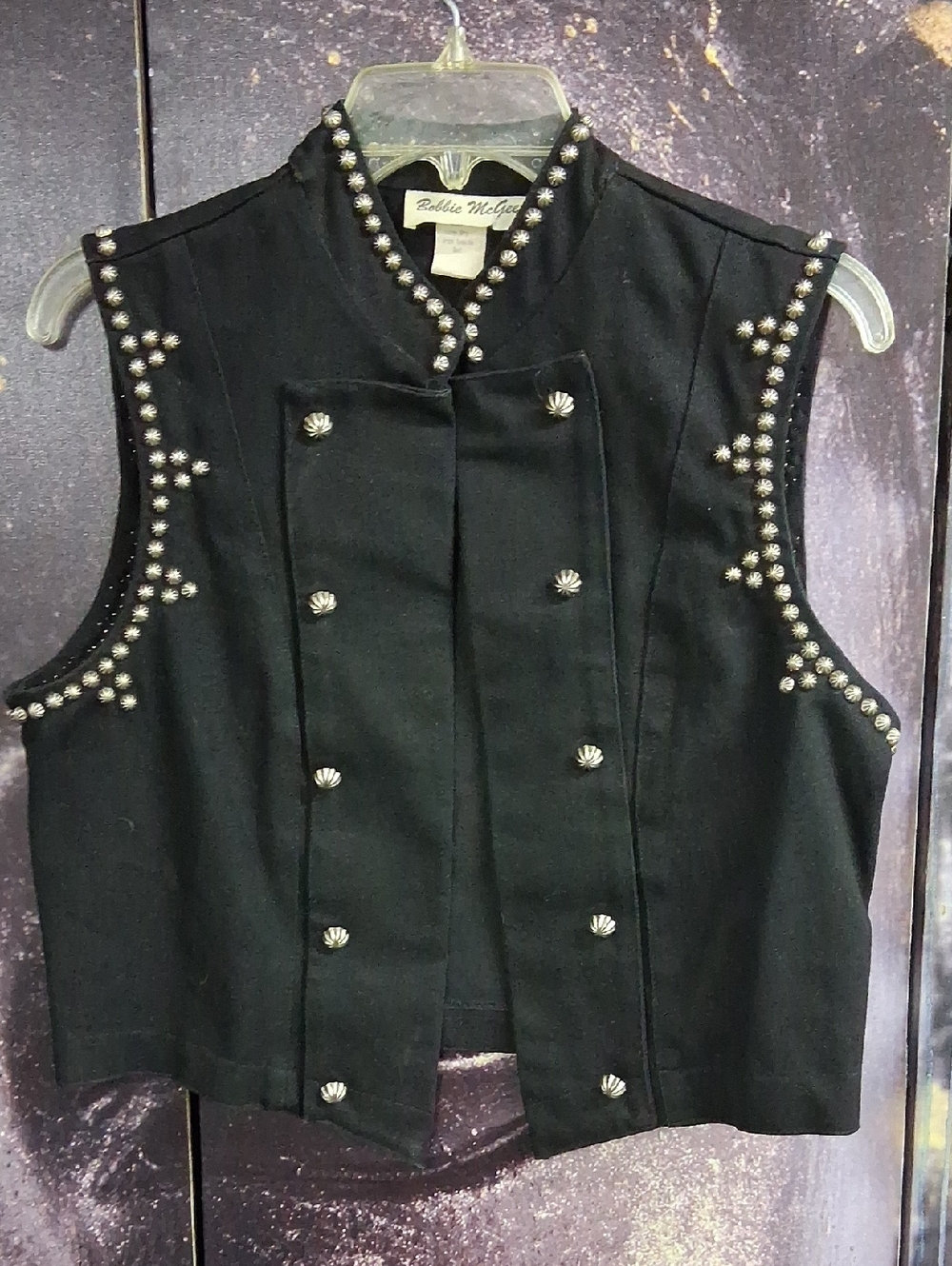 Bobbie McGee Open Black Vest with Silver Stud Trim. Size S